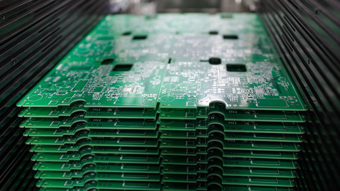 A stack of green printed circuit boards on electronics