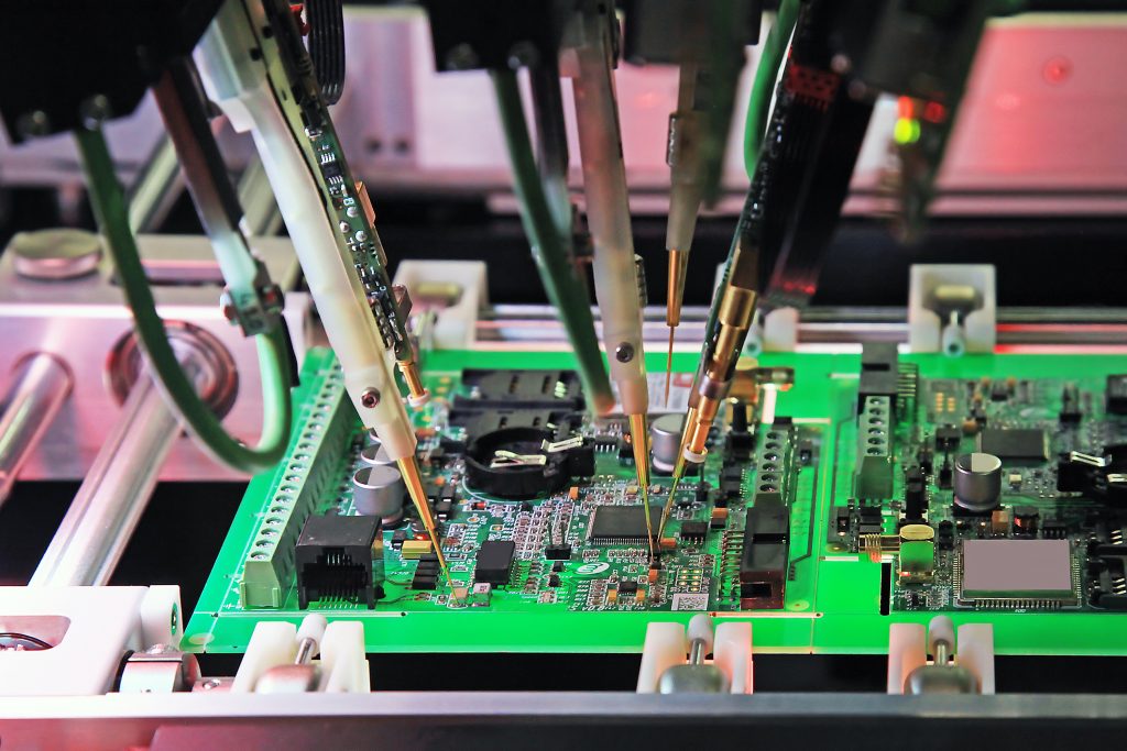 The production line of electronic board with microchip.The electronics board production process.