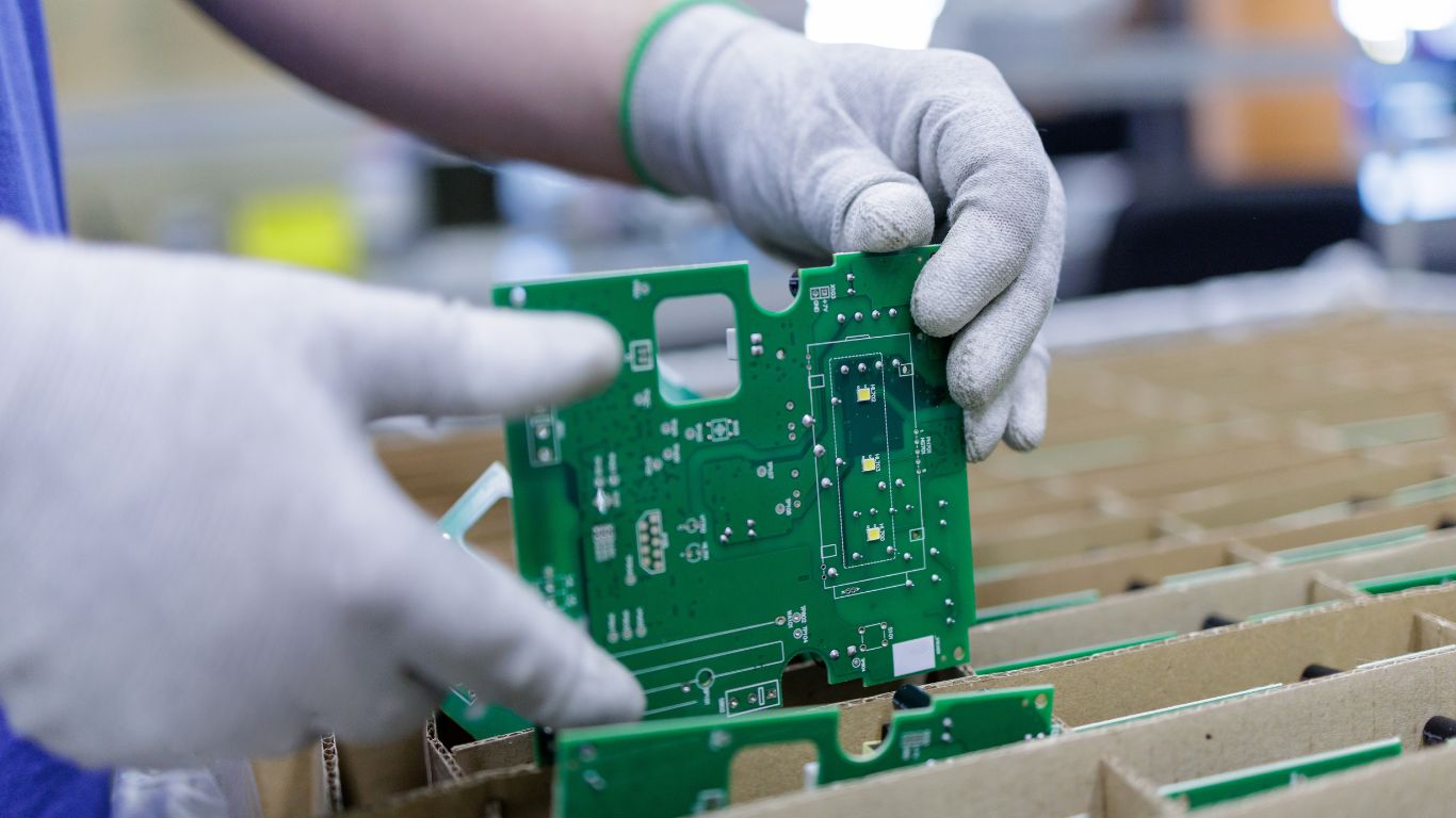 Worker placing green printed circuit board into PA