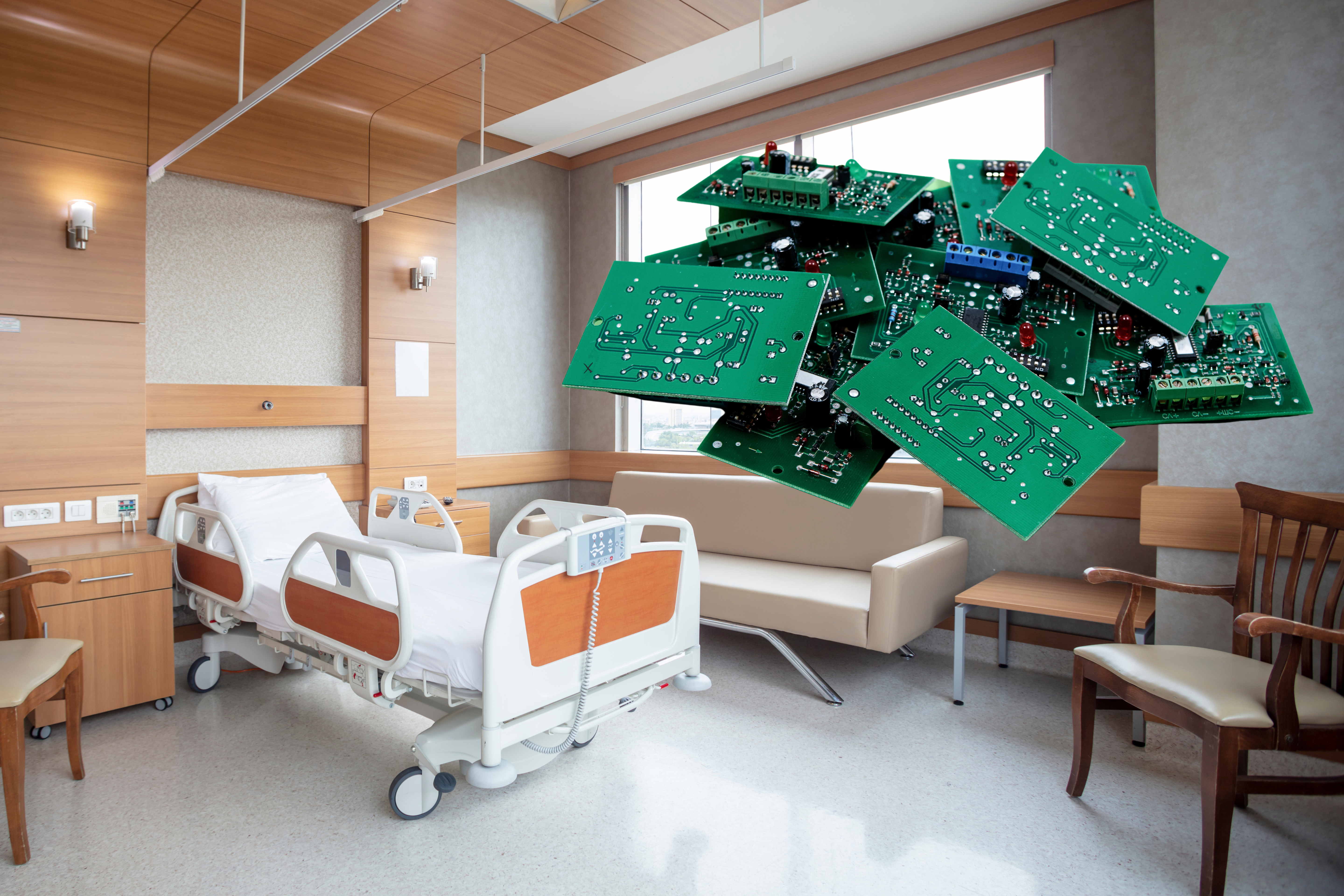 hospital room with an edited in printed circuit board