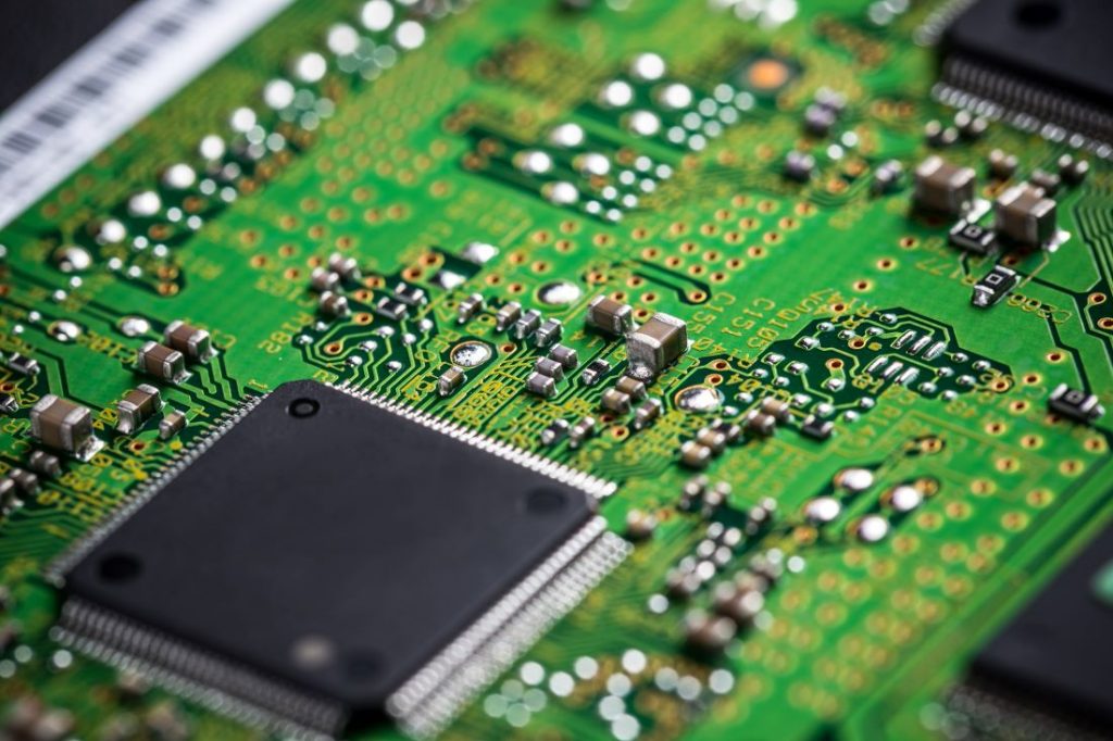 Closeup of electronic circuit board with processor