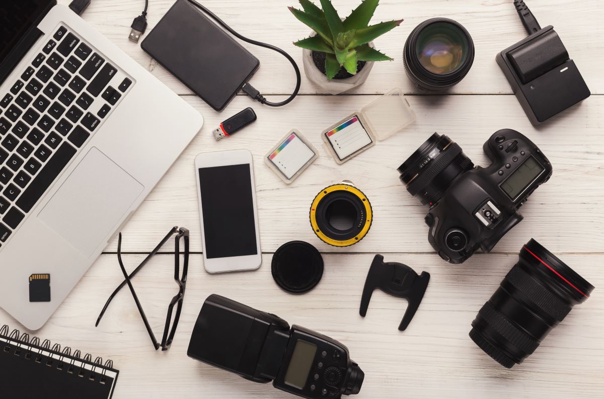 A table full of consumer electronics