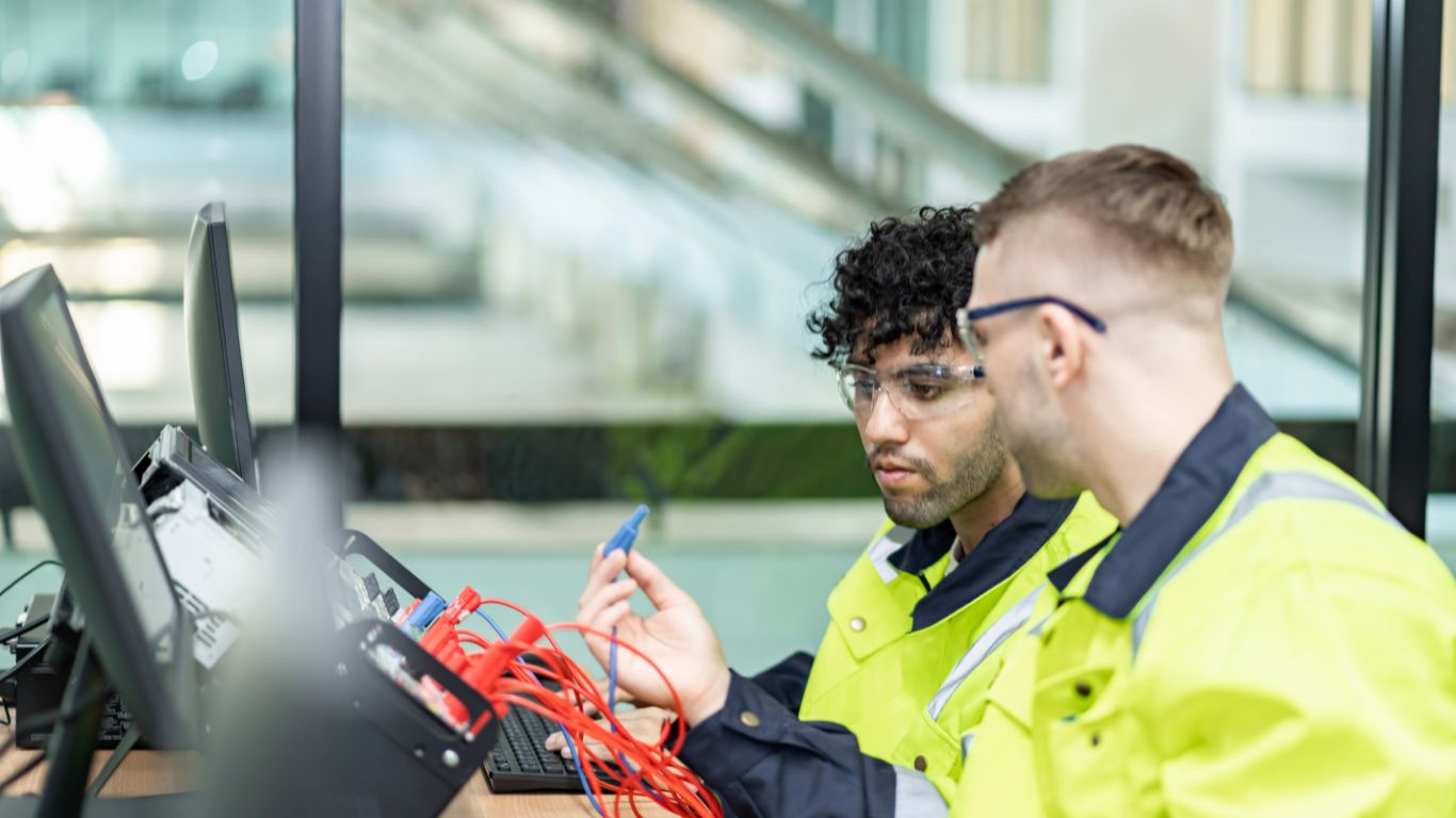 Two electrical engineering students working on a computer