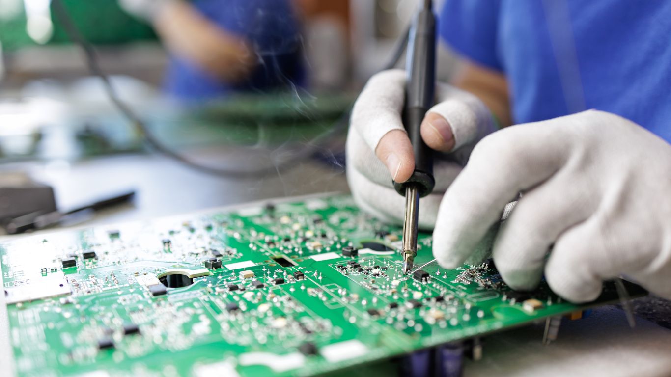 Gloved Technician Hand Soldering Components on Printed Circuit Board
