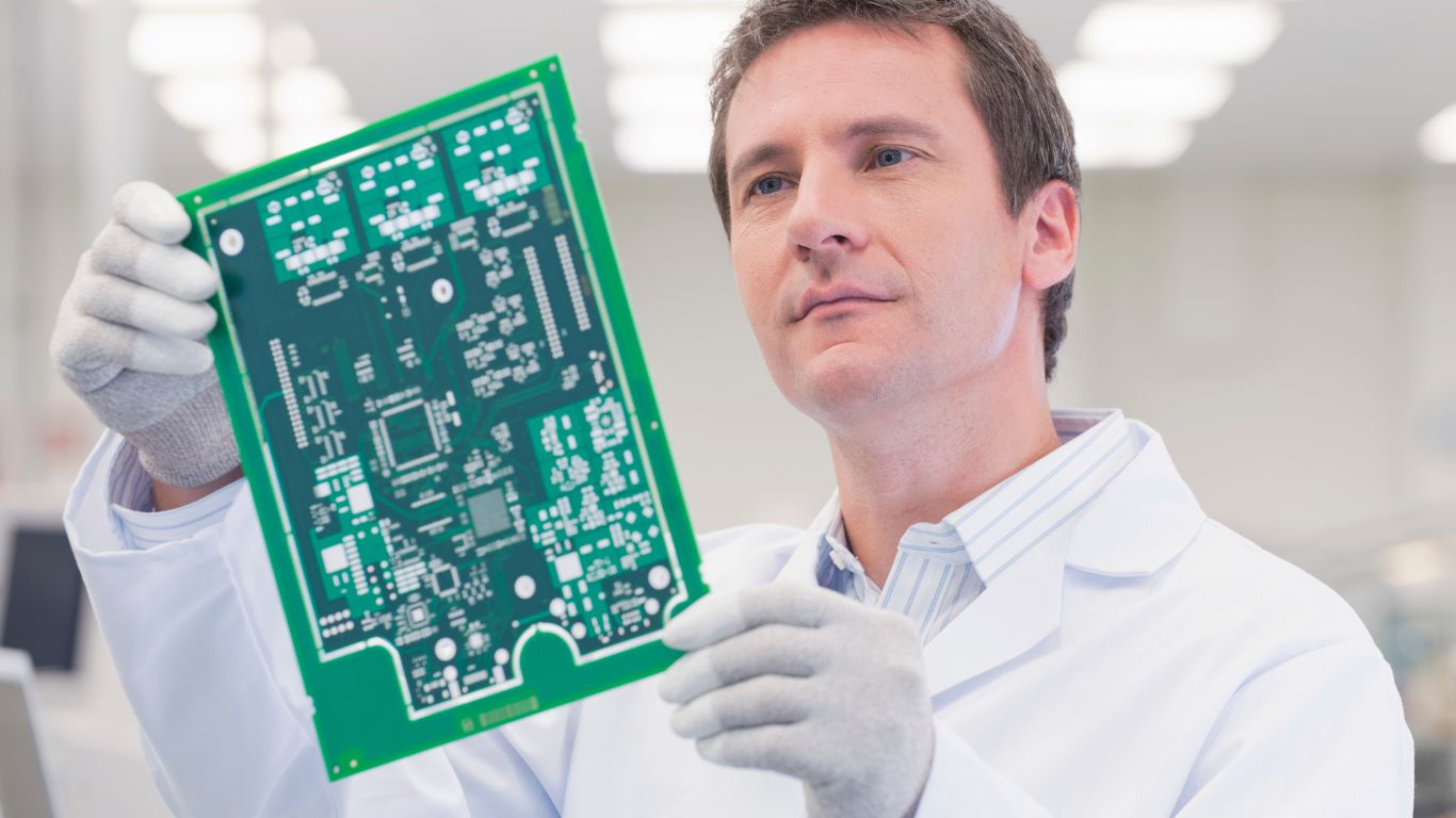 close up shot of an engineer holding a printed circuit
